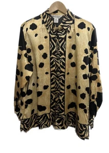 Blusa Vintage Paolo Santini Seda Dorada Negra Estampado Animal Talla 14 - Imagen 1 de 4