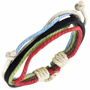 Braccialetto Regolabile IN Cuoio Nero Con Cordoncino Multicolore Alla Moda - - Imagen 1 de 1