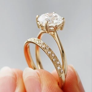 8 mm Kissen geschnitten Moissanit 14K gelb vergoldet Hochzeit Verlobungsring Sets - Bild 1 von 10