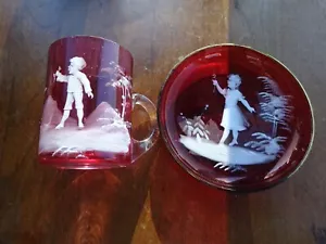 Vintage Mary Gregory Boy Cup & Girl Saucer Pink Cranberry Blown Glass - Picture 1 of 7