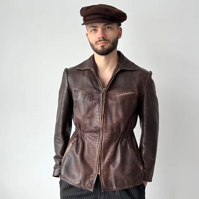 Винтажный 1940-х годов WW2 эпохи немецкий коричневый кожаный блузон куртка размер S/M - Изображение 1 из 4