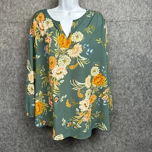 Top túnica Monday Fun para mujer 2X verde floral artístico cuello dividido manga larga alfil - Imagen 1 de 10