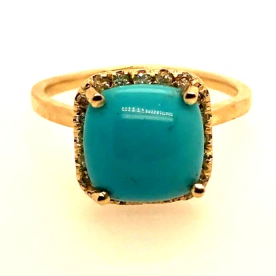 Anillo solitario cojín natural turquesa y halo de diamantes oro amarillo de 14 k 3,98 quilates Foto 1 de 4