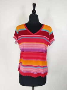 Crazy Horse Liz Claiborne Pink Striped Mesh Short Sleeve Top Size L Petite - Picture 1 of 7