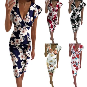 ✿Damen-Wickelkleid Mit V-Ausschnitt Und Blumenmuster Figurbetontes | - Picture 1 of 18