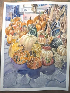 Original Aquarell Gemälde 9"x 12" Kürbisse am Union Square NYC - Bild 1 von 10