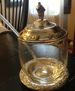 Condiment Jar / Mustard Crystal Lidded Mini Jar W/Spoon Silverplated Japan* - Picture 1 of 10