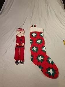 Vintage Set of 2 Christmas Stockings Mantle Decor Crochet Felt Bells Ric Rac - Picture 1 of 11