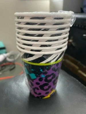 COPOS DE PAPEL (8) ~ Suprimentos para festa de aniversário Bebida IMPRESSÃO ANIMAL Totalmente Anos 80 9 oz - Imagem 1 de 2