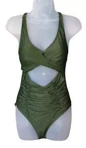 Blooming Jelly Olive Green Cutout One-Piece V Neck Cross Front Swimsuit Med - Picture 1 of 10