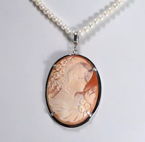 COLLANA PERLE E CIONDOLO ARGENTO 925 RODIATO CAMMEO CORNEOLA VOLTO AGDV 0211 - Foto 1 di 3