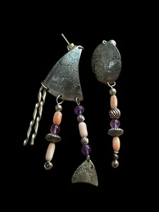 Sterling Silber Ohrhänger Modernist S Youell Amethyst Perlen Kunsthandwerk Zeichen - Bild 1 von 7