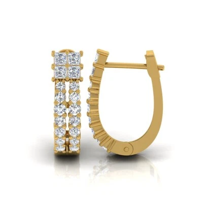0.94 Ct Princess Round Cut Lab Grown CVD Diamond Hoop Earrings 14k Yellow Gold - Image 1 of 4