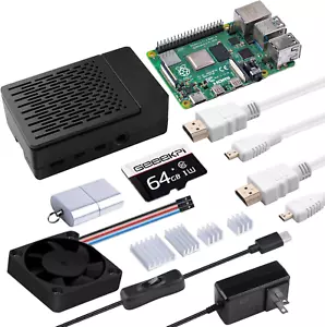 Starter Kit for Raspberry Pi 4 4GB, with Raspberry Pi 4, Case, 64GB Card, Card R - Picture 1 of 9