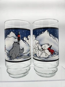 Vintage 1997 Coca Cola 16 Oz Polar Bear Seal Winter Glass Tumblers X 2 - Picture 1 of 4