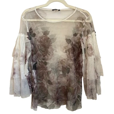 Cleo Size XL Sheer Mesh Floral Top Cream Purple Tiered Sleeve Fairy Grunge - Image 1 of 4