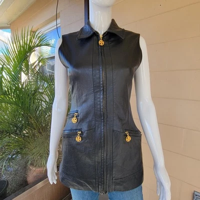 Classiques Nordstroms Women's Black & Gold Accent Genuine Leather Vest Size 2 - Image 1 of 4