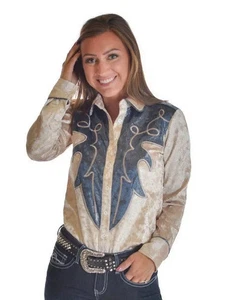 NWT Cowlgirl Tuff Co Sz S Western Shirt Long Sleeve Shiny Cream/Blue Snake - Picture 1 of 15