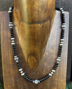 Southwestern Sterling Silver Black Onyx Pearls Bead Necklace 18 inch Gift - Picture 1 of 12