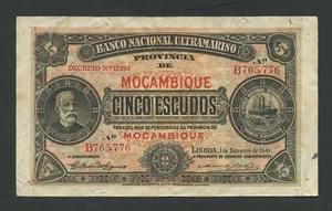 MOZAMBIQUE  5 escudos  1941  P83  About VF   World Paper Money - Picture 1 of 2