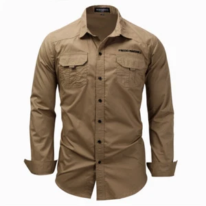 Mens Shirt Long Sleeve Cargo Slim Fit Combat Tactical Pocket Outdoor Casual Tops - Picture 1 of 16