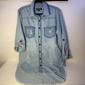 Thrill Jeans High Low Distressed Button Down Denim Shirt Top size 1x - Picture 1 of 5