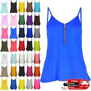 Womens Plain Flared Swing Vest Front Zip Cami Strappy Ladies Top Plus Size