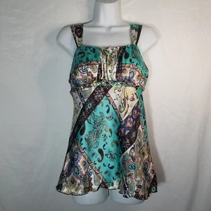 Vtg IZ Byer California Y2K Womens M Tank Camisole Paisley Top Brown Blue Yellow - Picture 1 of 17