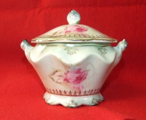ANTIQUE Hand Painted NIPPON Lidded Trinket Bowl-Mint Green,Gold Leaf,Rose Motif - Picture 1 of 12