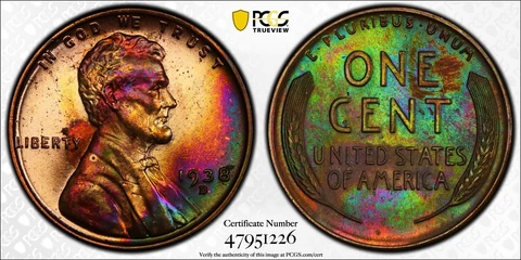 MS64RB 1938-D 1C Lincoln Wheat Cent, PCGS Trueview- Vivid Neon Green Toned Cover