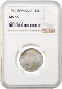 Romania 1 leu 1914, NGC MS65, "King Carol I (1881 - 1914)" silver coin