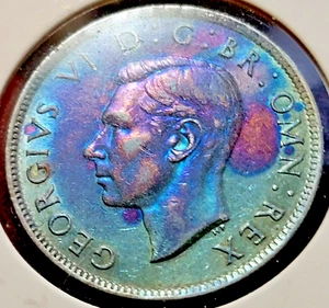 1942 England 2 Shillings BU GEM RAINBOW TONING RARE 50% Silver King George - Picture 1 of 2