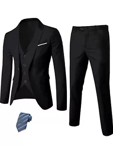 MYS Men's 3 Piece Slim Fit Suit Set, One Button Solid Jacket Vest Pants with Tie - Picture 1 of 6