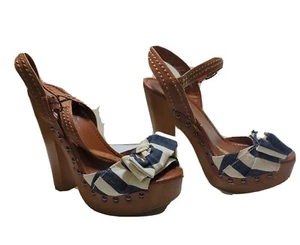 Jessica Simpson Platform Shoes Size 8.5B Blue Whire Sailor Stripe Wood 6"Heel - Picture 1 of 19
