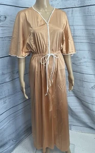 VTG 70s Vanity Fair Peach Nylon Belted Maxi Nightgown Dress Sz S Robe Caftan EUC - Picture 1 of 18