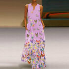 Women Casual Boho Sleeveless Long Dress Summer Butterfly Print Beach Maxi Dress 