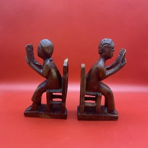 Vintage Wooden Hand Carved “Woman& Man Reading A Book” Bookends 9” - Picture 1 of 7