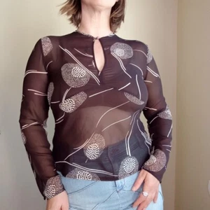Y2K Chiffon Chocolate Brown Print Top 10 Sheer Geometric 60s-70s Style Print - Picture 1 of 11