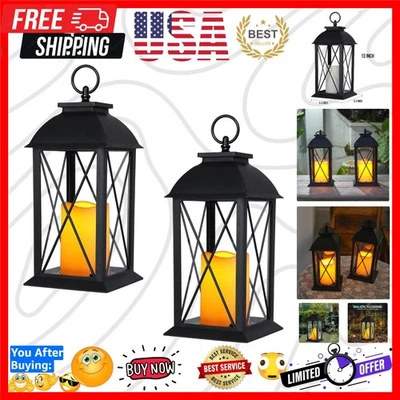 Battery-Powered 2 Pack Lanterns - 13-Inch Black with LED Candle & Timer Function - Image 1 of 4