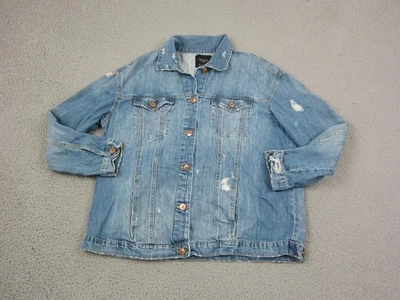 Zara Jacket Womens Medium Blue Jean Trucker Denim Biker Cowboy Distress Trafaluc - Imagem 1 de 4