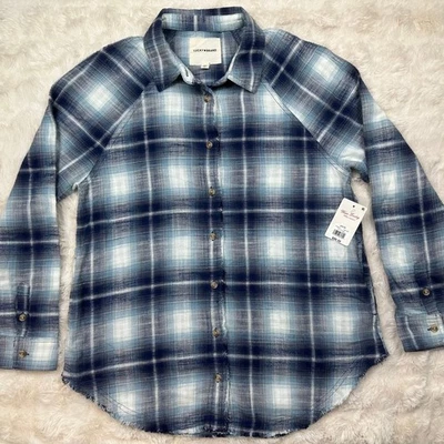 Новый с Ярлыками Lucky Brand потертый клетку фланелевая рубашка синий омбр градиент XS - Изображение 1 из 4