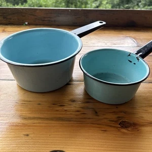 2 ANTIQUE GRANITE WARE PANS ROBINS EGG BLUE COLOR - Picture 1 of 6