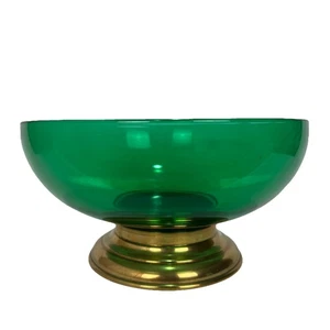 VTG Art Deco Hollywood Regency Emerald Green Serving Bowl w/ Brass 10in - Picture 1 of 10
