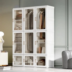 Portable Wardrobe Closet Folding Clothes Cabinet Armoire W/ Cube Storage, White - Bild 1 von 11