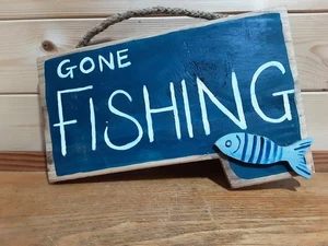 Hand Made & Painted Rustic Driftwood Gone Fishing Sign 3D Wall Plaque - Picture 1 of 7