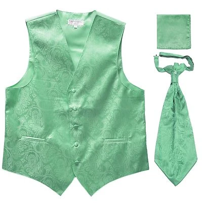 New Men's Paisley Tuxedo Vest Waistcoat & Ascot Cravat & Hankie Aqua Green - Image 1 of 3