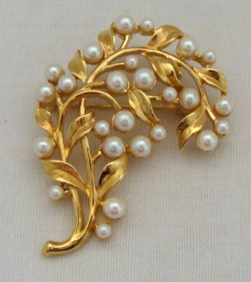 Monet Gold-Tone And Faux Pearl Branch And Leaf Pin Brooch - Image 1 of 4