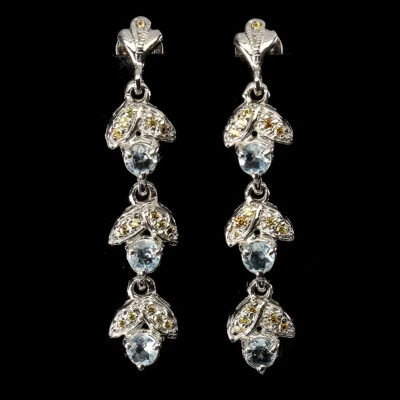 925 Orecchini Argento Sterling Rotondo Acquamarina Zaffiro Naturale Gemma Gioie - Immagine 1 di 4