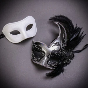 Black Silver & White Venetian Half Face Masquerade Masks W/ Feather for Couples - Picture 1 of 3