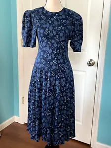 Vintage Joni Blair of California 1980's Navy Blue Floral Dress with Puff Sleeves - Picture 1 of 10